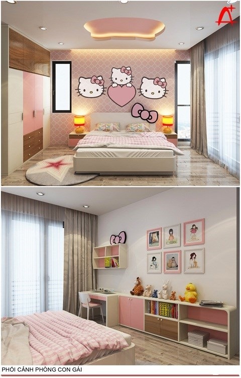 Phòng ngủ con gái được thiết kế theo hình hello kitty đáng yêu
